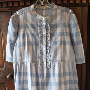 Burberry Blue Plaid Cotton Ruffle Shirt Dress
